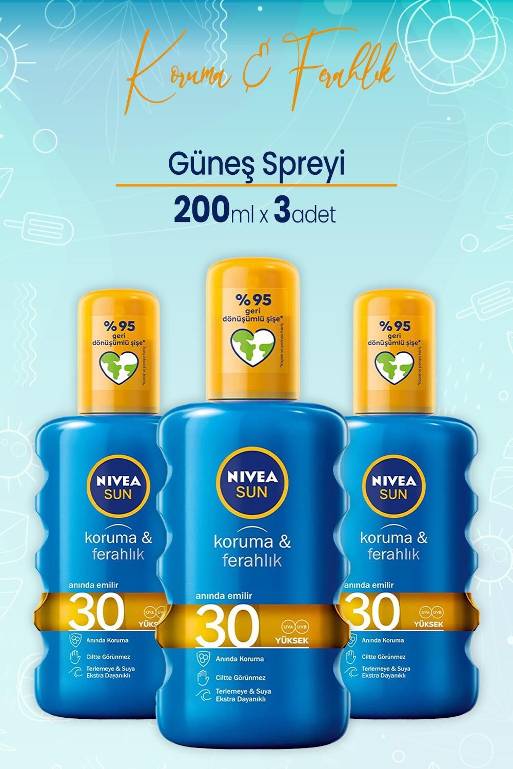 Nivea Sun Güneş Spreyi 200 ml Koruma & Ferahlık 30 Gfk x 6 Adet