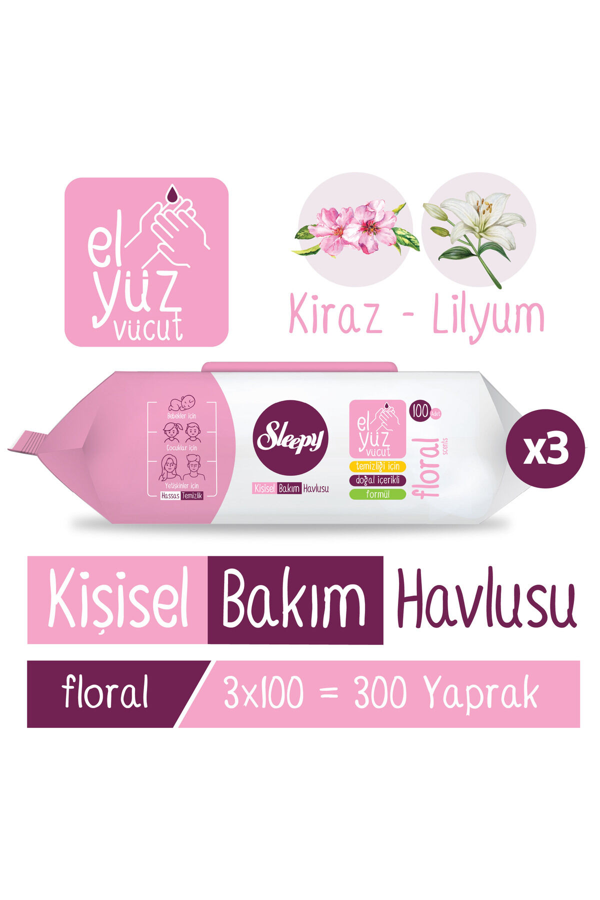 Sleepy Floral Kişisel Bakım Havlusu 3x100 (300 Yaprak)