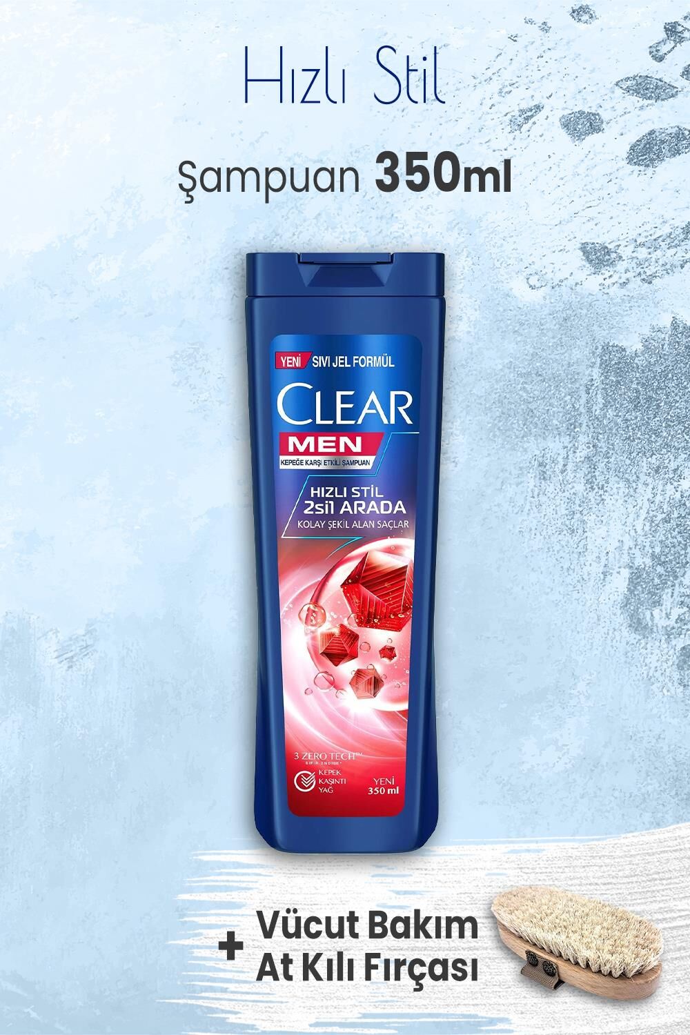 Clear Men Şampuan Hızlı Stil 350 ml ve Vücut Bakım At Kılı Fırçası