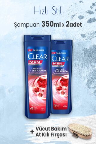 Clear Men Şampuan Hızlı Stil 350 ml x 2 Adet ve Vücut Bakım At Kılı Fırçası