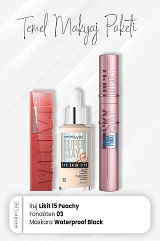 Maybelline New York Super Stay Fondöten 03, Sky High Maskara Waterproof Black ve Vinyl Ink Ruj 15 Peachy
