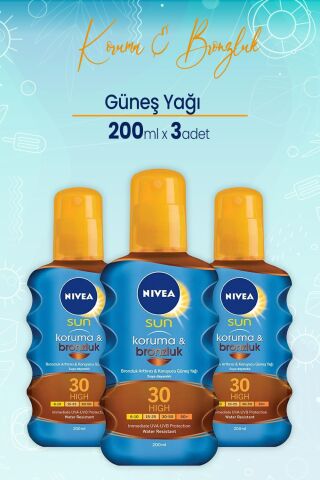 Nivea Sun Koruma Ve Bronzluk Güneş Yağı Gkf 30 200 Ml x 3 Adet