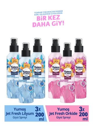 Yumoş Jet Fresh Ütü Etkisi Giysi Spreyi Lilyum 200 ml x 3 ve Orkide 200 ml x 3