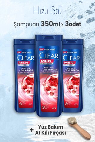 Clear Men Şampuan Hızlı Stil 350 ml x 3 Adet ve Yüz Bakım At Kılı Fırçası