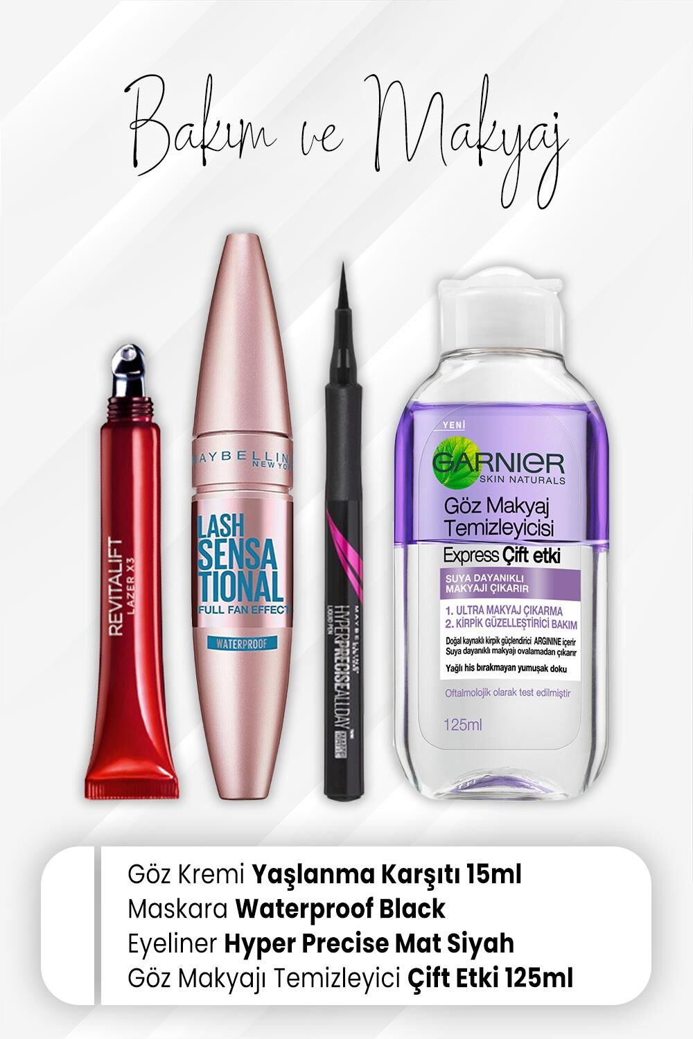 Loreal Paris Revitalift Lazer X3 Göz Kremi, Lash Sensational Waterproof, Eyeliner Hyper Mat Siyah ve Express Çift Etki 125 ml