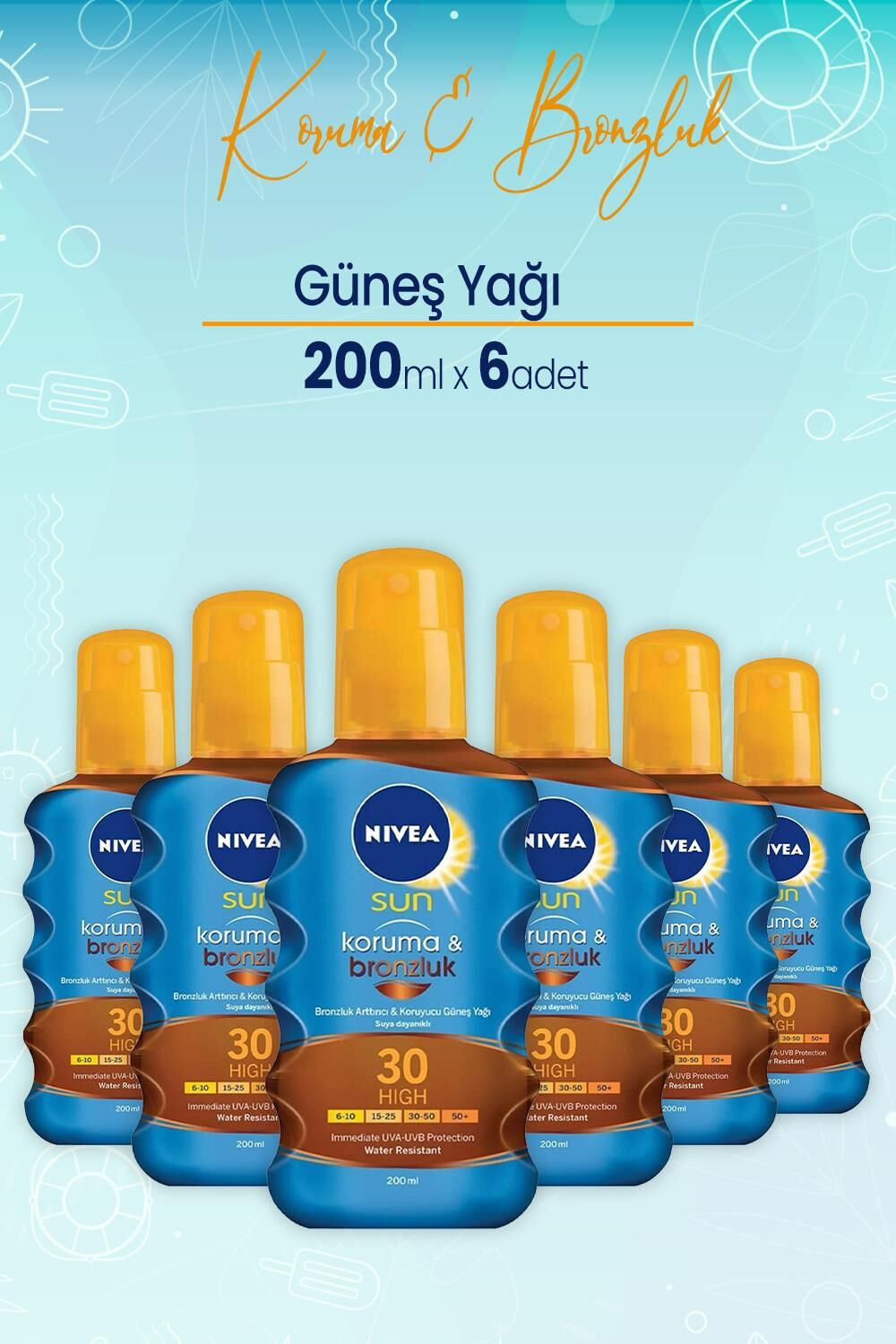 Nivea Sun Koruma Ve Bronzluk Güneş Yağı Gkf 30 200 Ml x 6 Adet