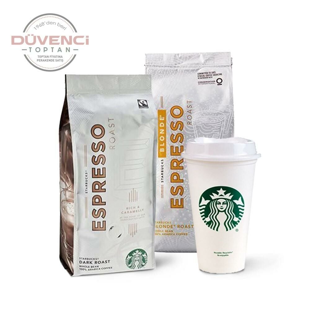 Starbucks Espresso ve Blonde Espresso Roast Çekirdek Kahve ile Plastik Bardak