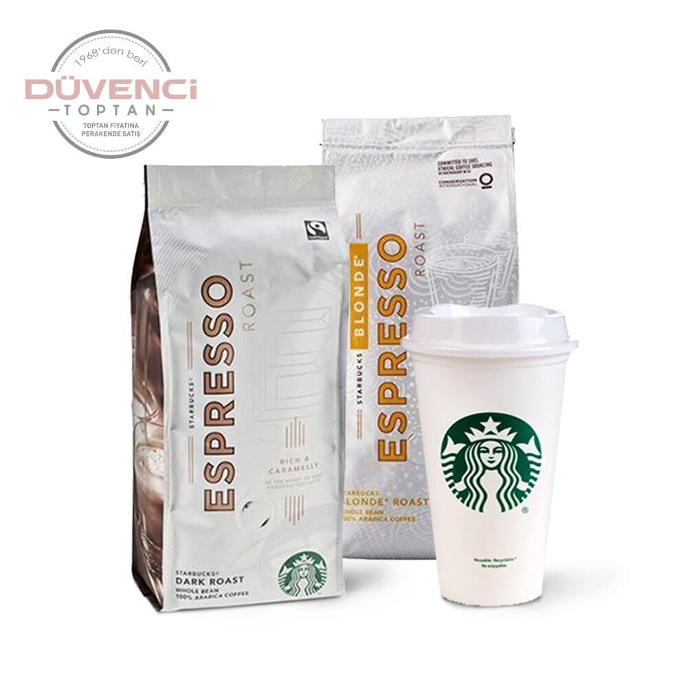 Starbucks Espresso ve Blonde Espresso Roast Çekirdek Kahve ile Plastik Bardak