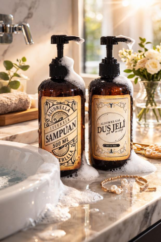 Pompalı Plastik Şişe Ve Banyo Temalı Etiket Seti