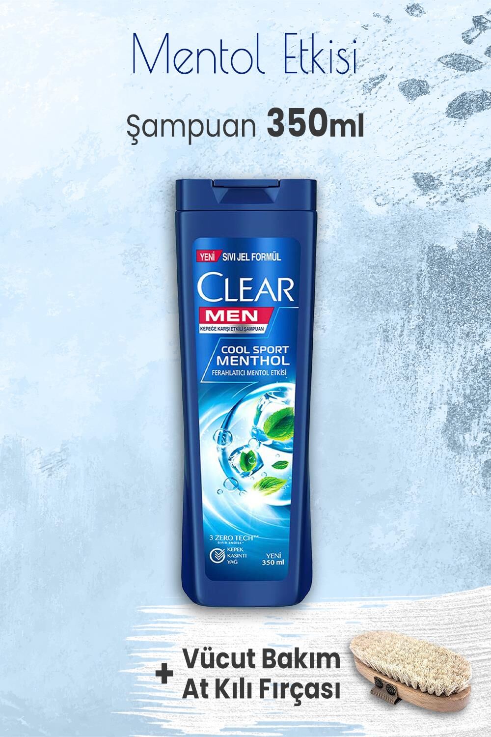 Clear Men Şampuan Mentol Etkisi 350 ml ve Vücut Bakımı At Kılı Fırçası
