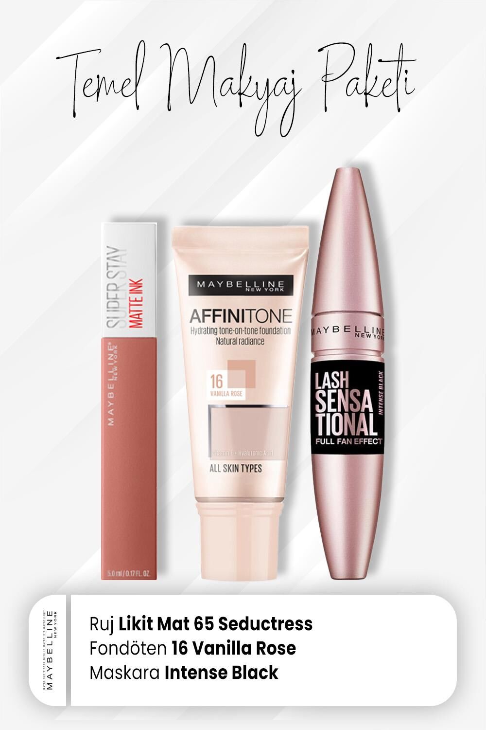 Maybelline New York Affinitone Fondöten 16, Full Fan Maskara Intense Black ve Matte Ink Ruj 65 Seductress