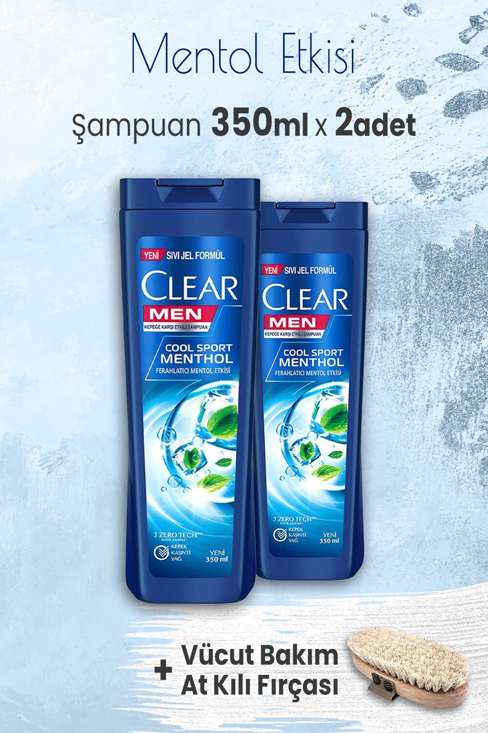 Clear Men Şampuan Mentol Etkisi 350 ml x 2 Adet ve Vücut Bakımı At Kılı Fırçası