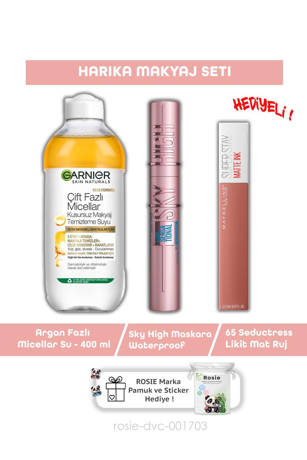 Maybelline Lash Sensational Sky High Maskara,Argan Misel 400 ml ,65 Seductress Ruj  ve ROSIE