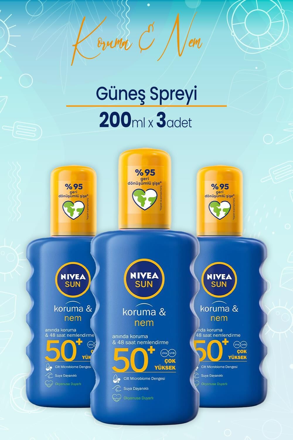 Nivea Sun Koruma&Nem Nemlendirici Güneş Spreyi Gkf 50+ 200 Ml x 3 Adet