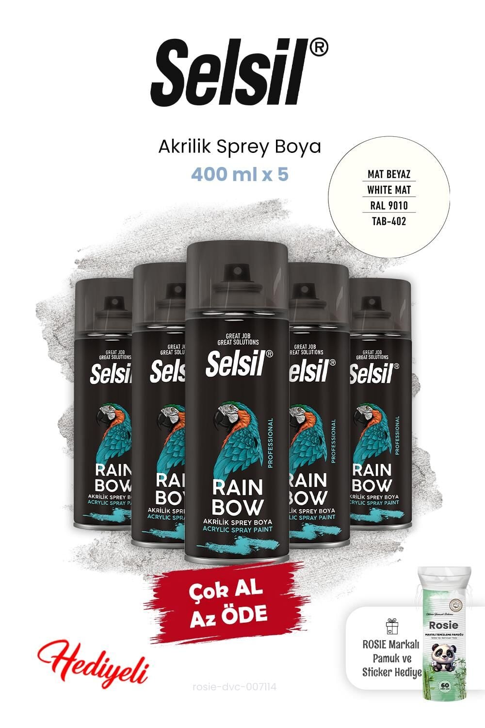 Selsil Mat Beyaz 400 ml x 5 Akrilik Sprey Boya ve Rosie