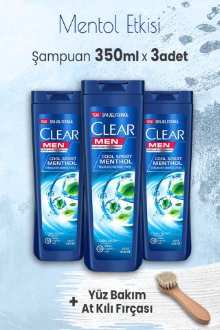 Clear Men Şampuan Mentol Etkisi 350 ml x 3 Adet ve Yüz Bakımı At Kılı Fırçası