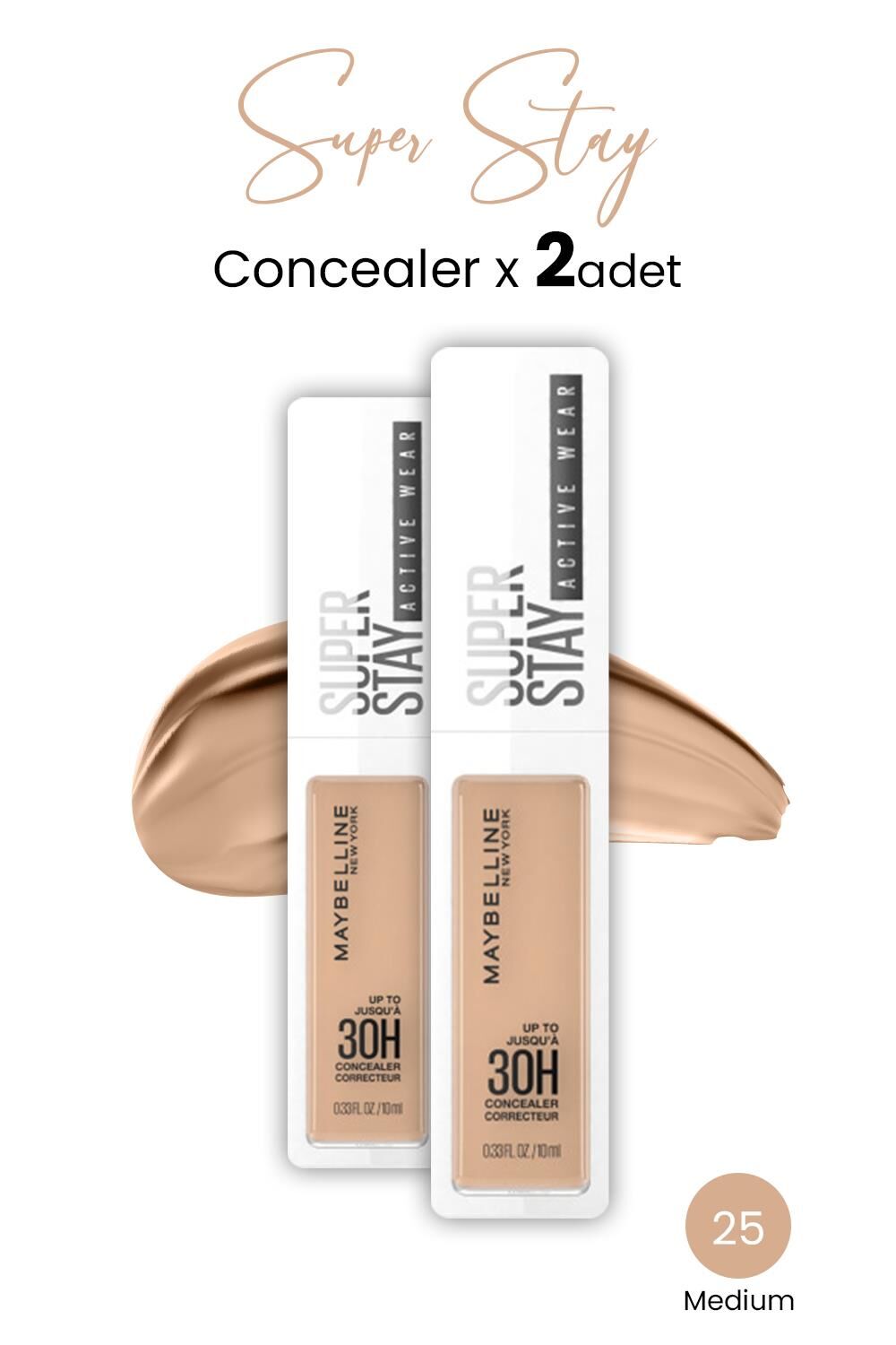 Maybelline New York Superstay Active Wear Concealer 25 Medium x 2 adet