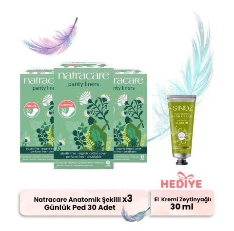 Natracare Günlük Ped Anatomik Şekilli 30' lu x 3, El Kremi Hediyeli