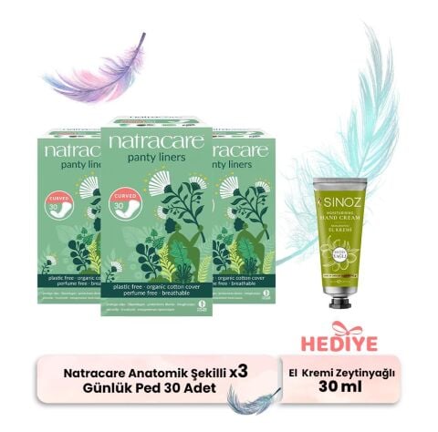 Natracare Günlük Ped Anatomik Şekilli 30' lu x 3, El Kremi Hediyeli