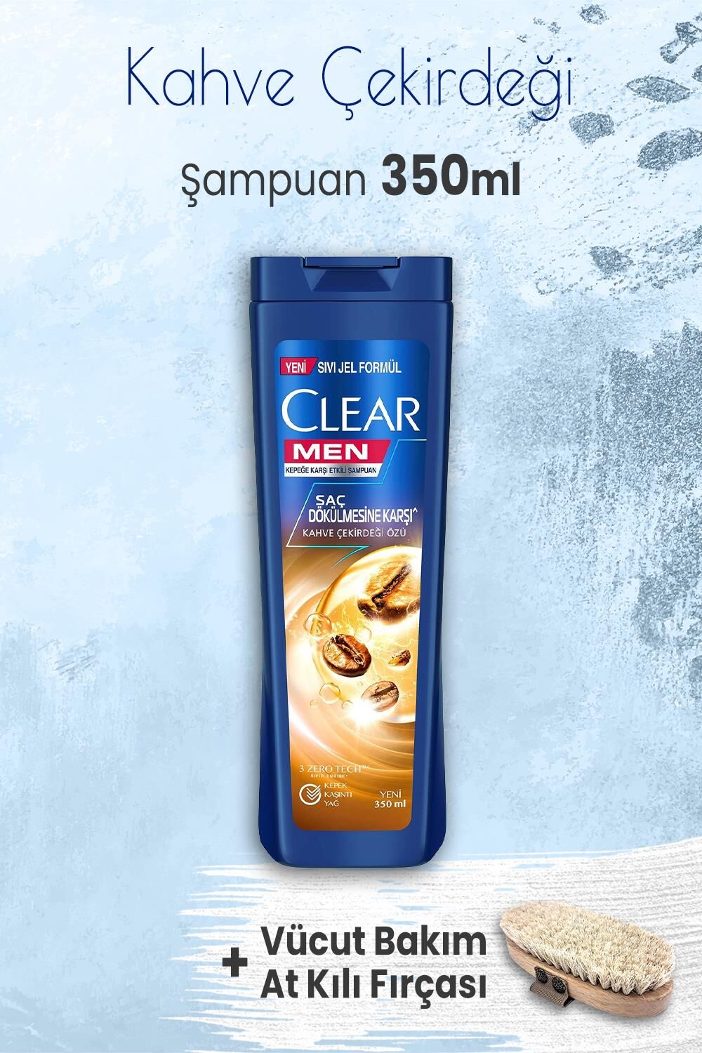 Clear Men Şampuan Kahve Çekirdeği Özü 350 ml ve Vücut Bakım At Kılı Fırçası