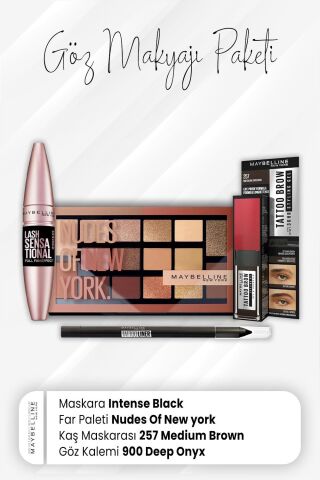 Maybelline New York Tatto Göz Kalemi 900, Tatto Kaş Maskarası 257, Far Paleti 010 ve Full Fan Maskara Black