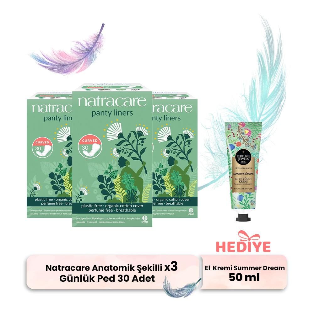 Natracare Günlük Ped Anatomik Şekilli 30' lu x 3, El Kremi Hediyeli