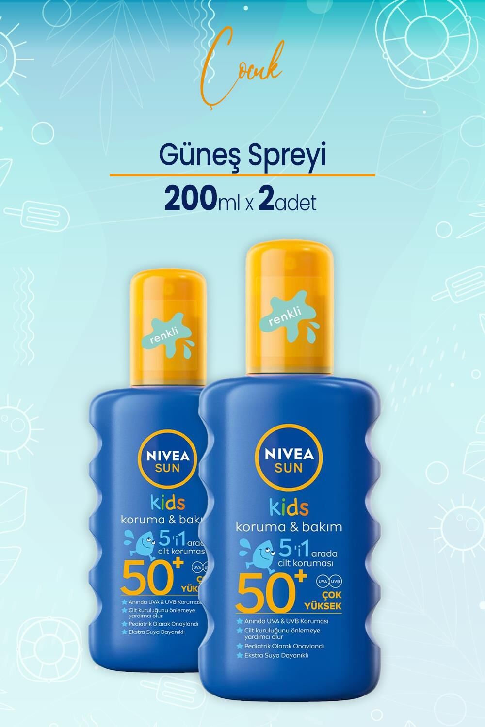 Nivea Sun Çocuk Renkli Nemlendirici Güneş Spreyi Gkf 50+ 200 Ml x 2 Adet