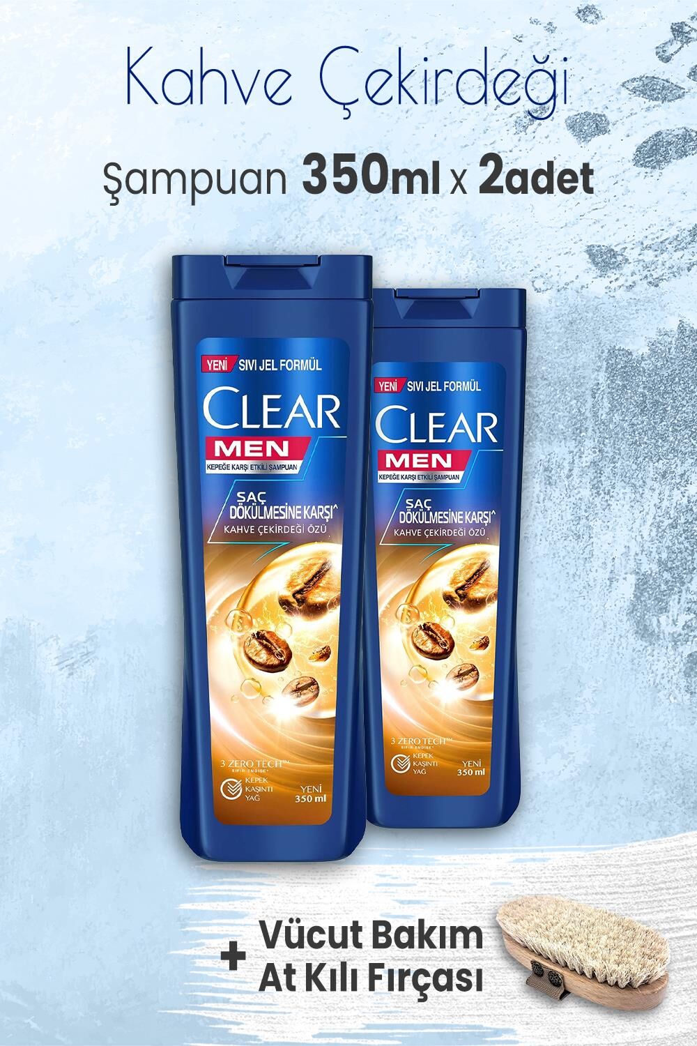 Clear Men Şampuan Kahve Çekirdeği Özü 350 ml x 2 Adet ve Vücut Bakım At Kılı Fırçası