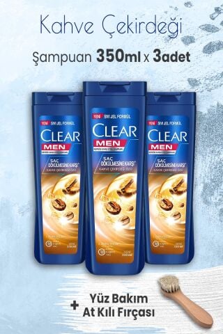 Clear Men Şampuan Kahve Çekirdeği Özü 350 ml x 3 Adet ve Yüz Bakım At Kılı Fırçası