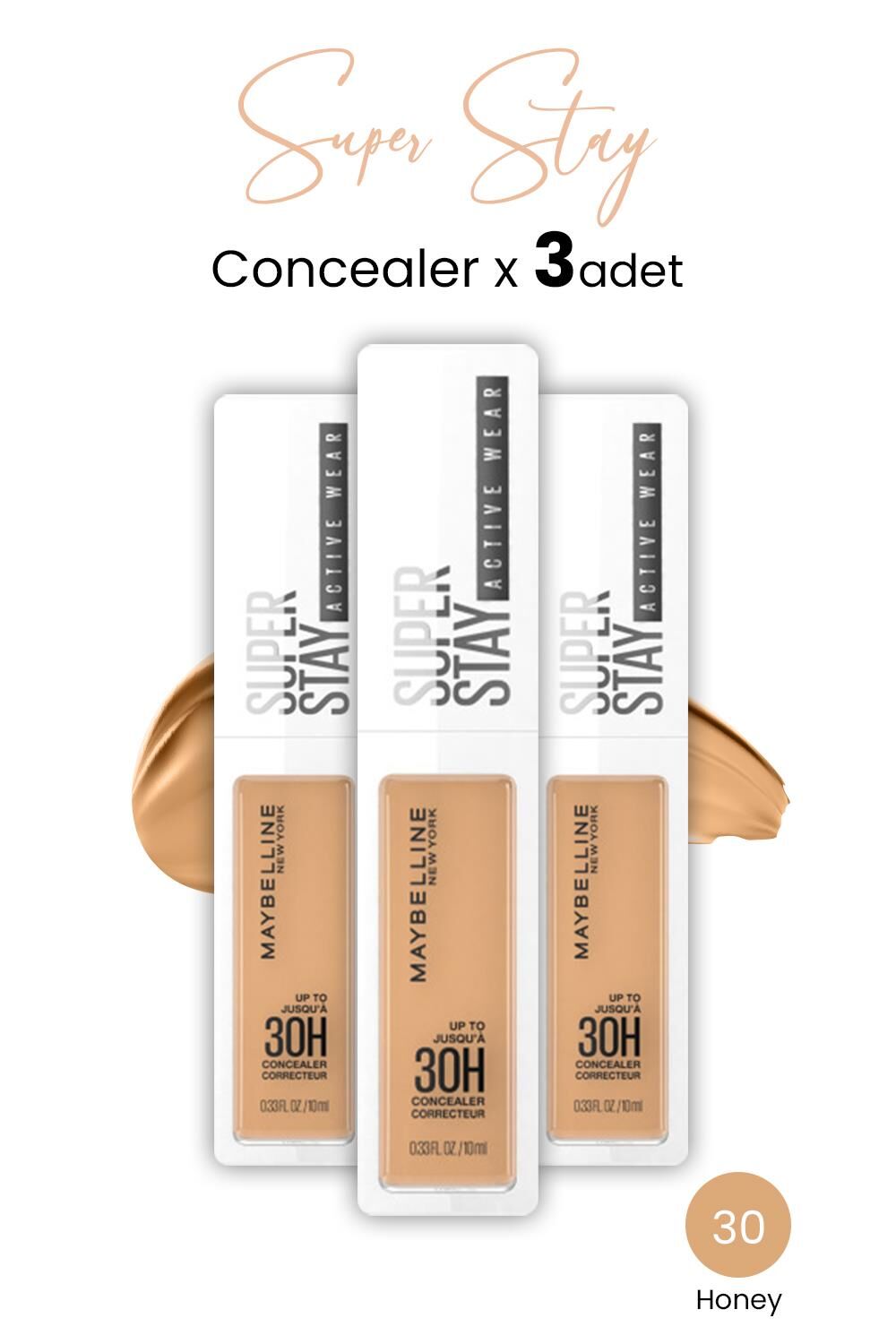Maybelline New York Superstay Active Wear Concealer 30 Honey x 3 adet