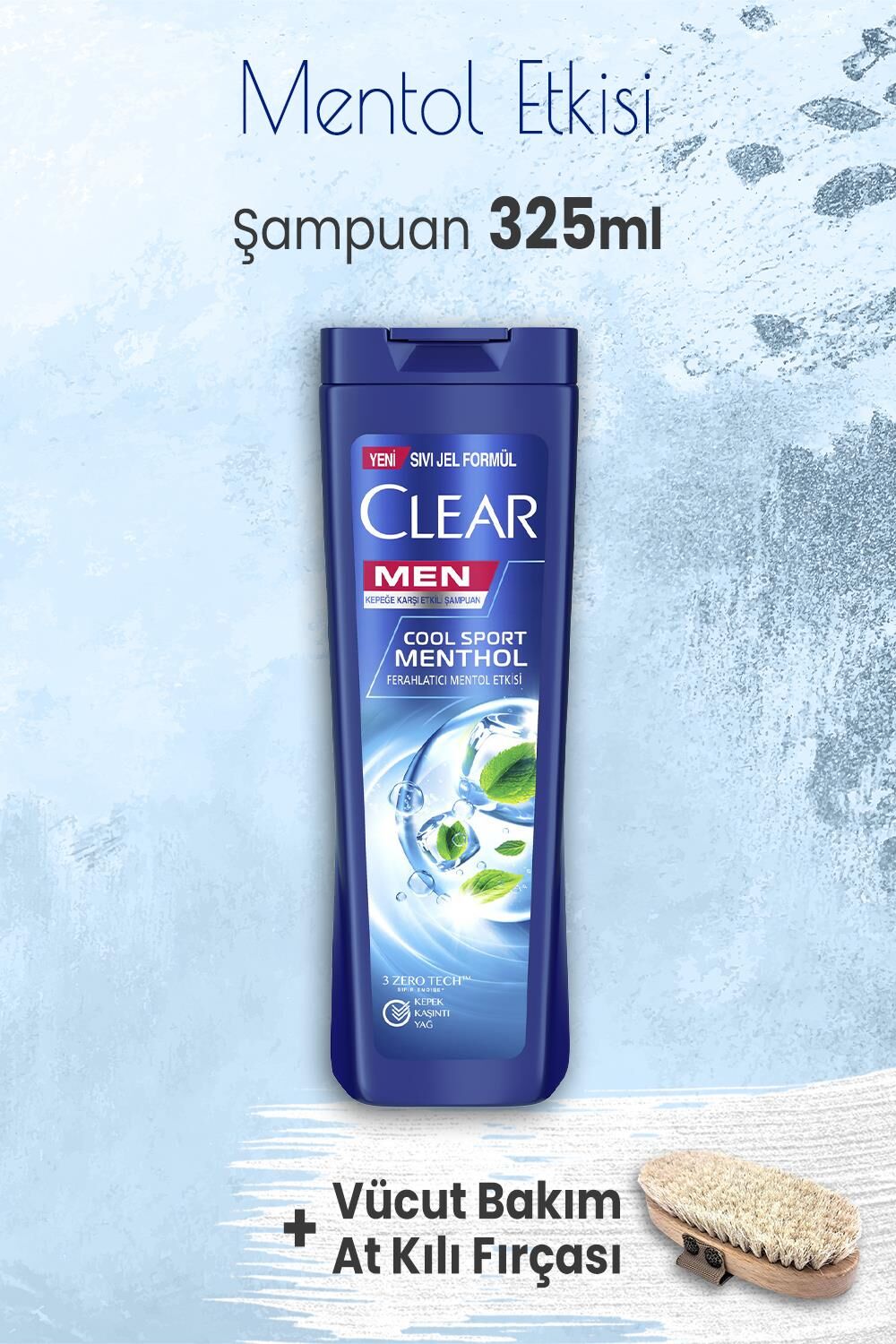 Clear Men Şampuan Mentol Etkisi 325 ml ve Vücut Bakım At Kılı Fırçası