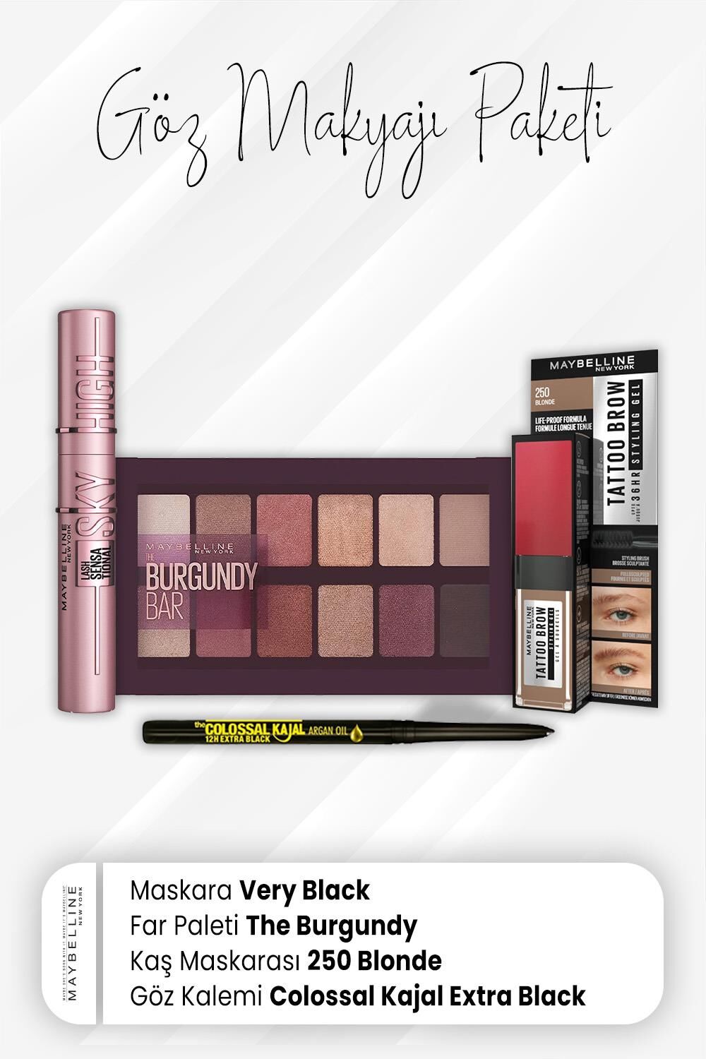 Maybelline New York Colossal Göz Kalemi, Tatto Kaş Boyası 250, Far Paleti Burgundy ve Sky High Maskara Very Black