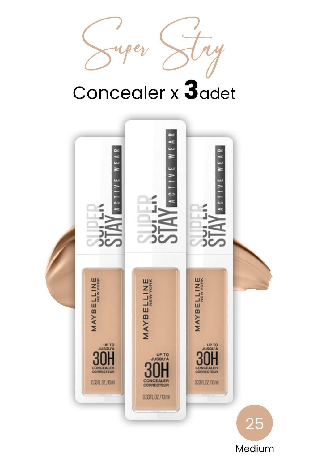 Maybelline New York Superstay Active Wear Concealer 25 Medium x 3 adet