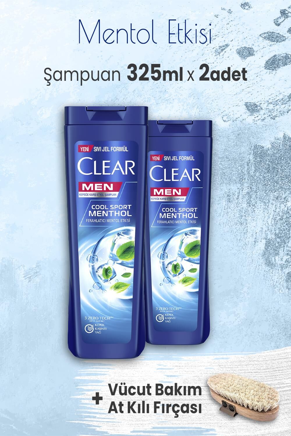 Clear Men Şampuan Mentol Etkisi 325 ml x 2 Adet ve Vücut Bakım At Kılı Fırçası