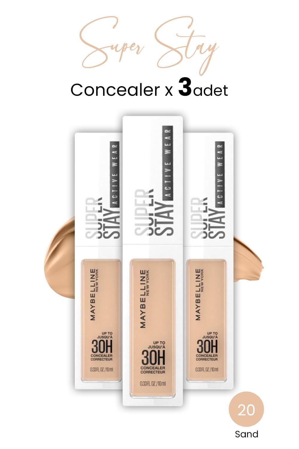 Maybelline New York Superstay Active Wear Concealer 20 Sand x 3 adet