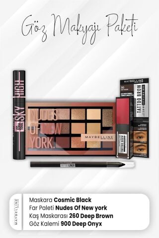 Maybelline New York Tatto Göz Kalemi 900, Tatto Kaş Maskarası 260, Far Paleti 010 ve Sky High Maskara Cosmic Black