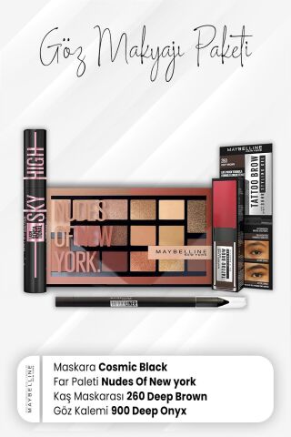 Maybelline New York Tatto Göz Kalemi 900, Tatto Kaş Maskarası 260, Far Paleti 010 ve Sky High Maskara Cosmic Black