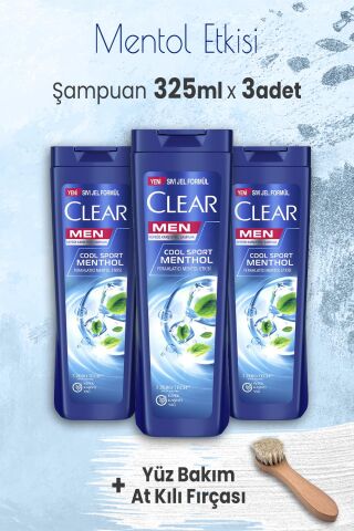 Clear Men Şampuan Mentol Etkisi 325 ml x 3 Adet ve Yüz Bakım At Kılı Fırçası