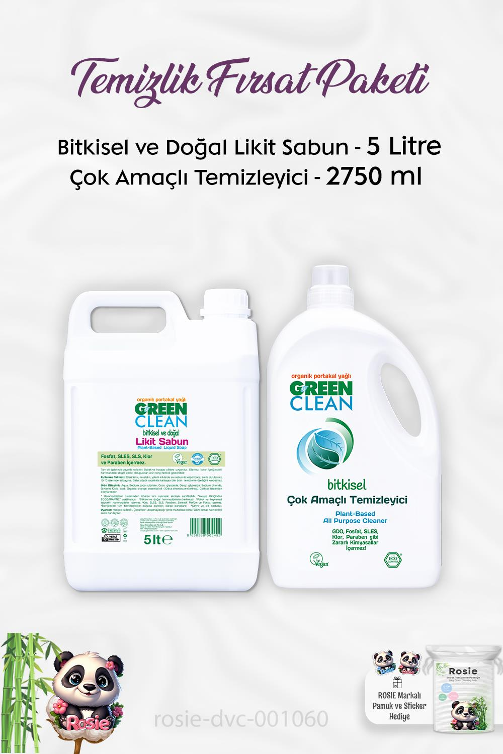 Green Clean Çok Amaçlı Temizleyici 2750 ml, Likit Sabun 5 lt ve ROSIE