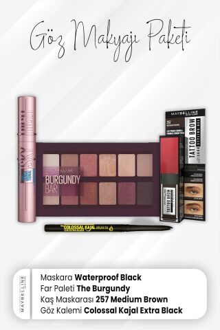 Maybelline New York Colossal Göz Kalemi, Tatto Kaş Maskarası 257, Far Paleti Burgundy ve Waterproof Maskara Black