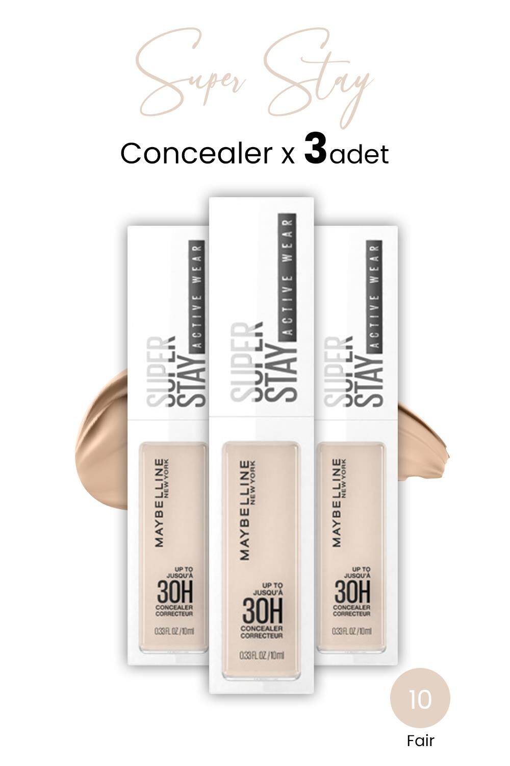 Maybelline New York Superstay Active Wear Concealer 10 Fair x 3 adet