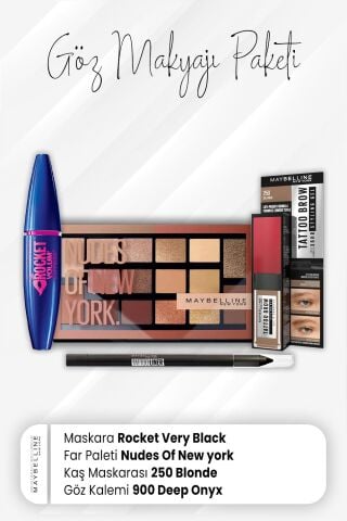 Maybelline New York Tatto Göz Kalemi 900, Tatto Kaş Boyası 250, Far Paleti 010 ve Rocket Maskara Very Black