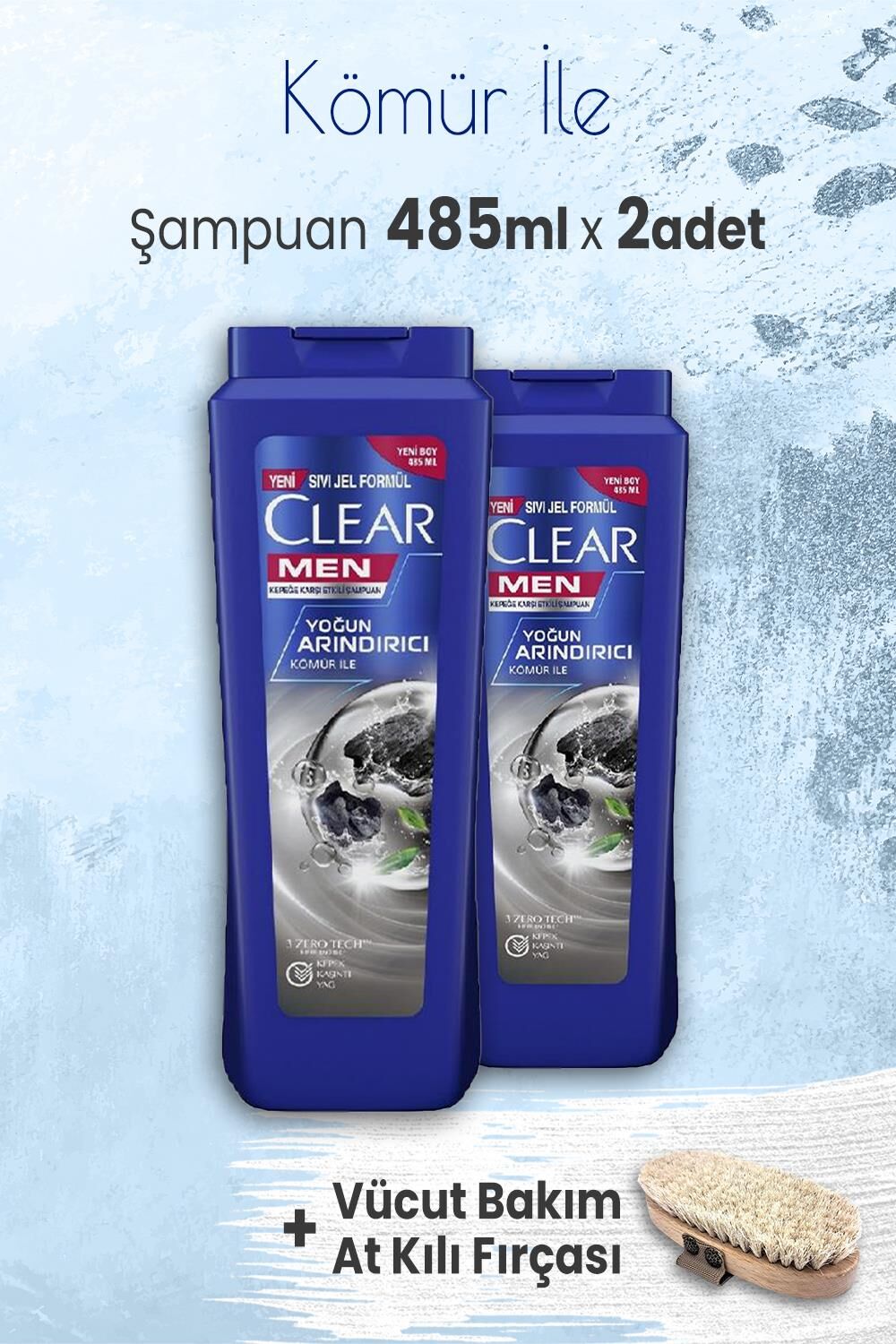 Clear Men Şampuan Yoğun Arındırıcı 485 ml x 2 Adet ve Vücut Bakımı At Kılı Fırçası