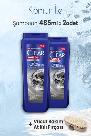 Clear Men Şampuan Yoğun Arındırıcı 485 ml x 2 Adet ve Vücut Bakımı At Kılı Fırçası