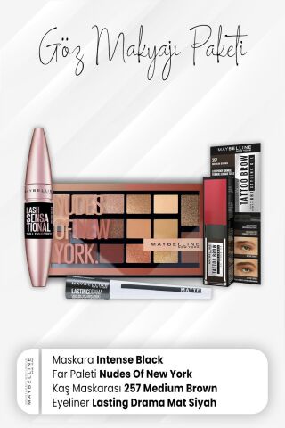 Maybelline New York Drama Eyeliner Mat Siyah, Tatto Kaş Makarası 257, Far Paleti 010 ve Full Fan Maskara Intense Black