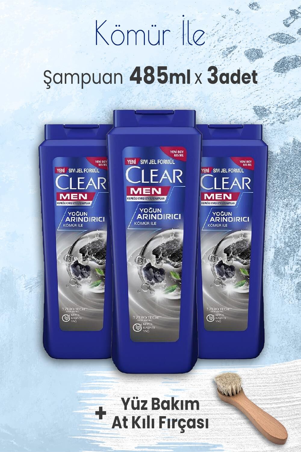 Clear Men Şampuan Yoğun Arındırıcı 485 ml x 3 Adet ve Yüz Bakımı At Kılı Fırçası