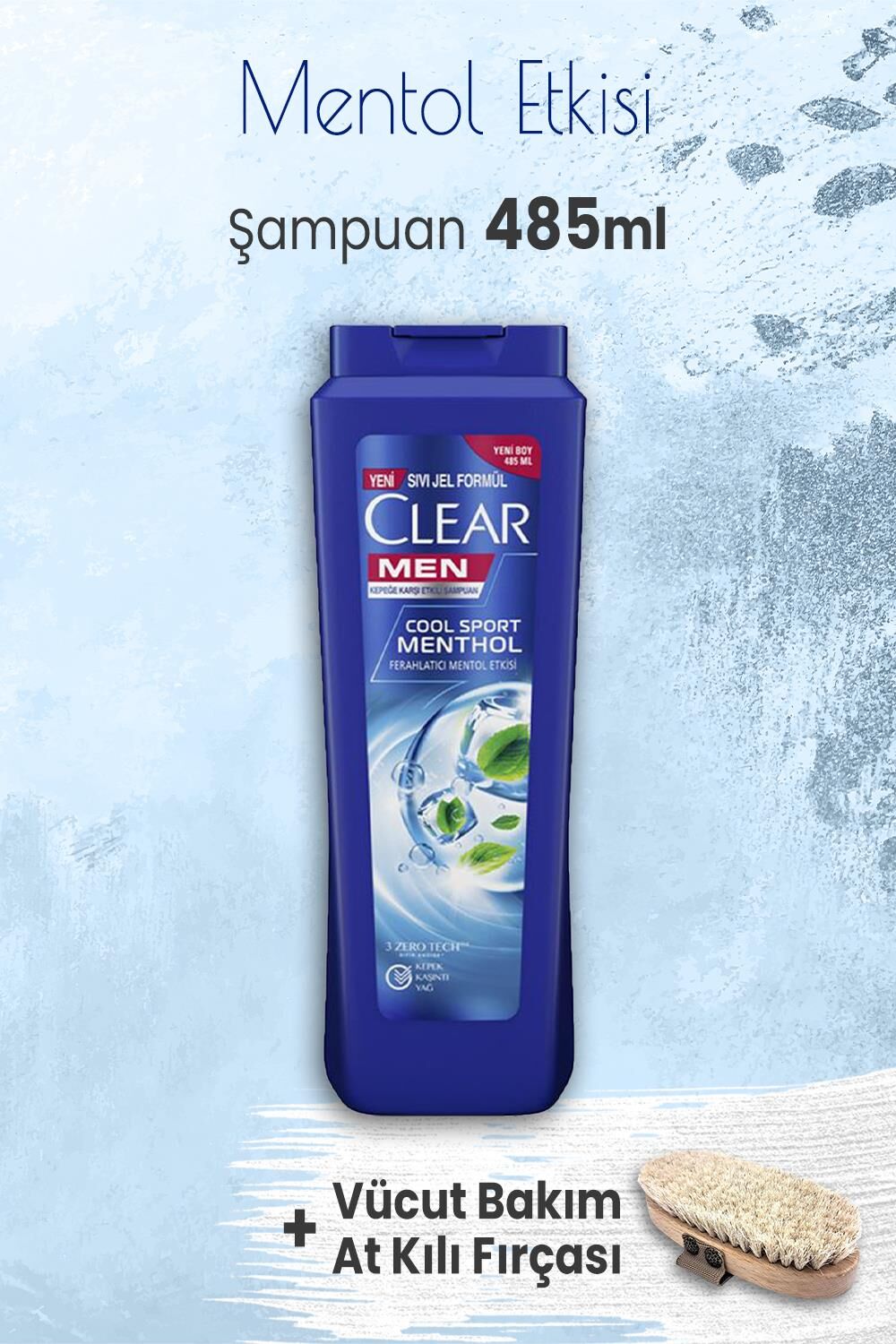 Clear Men Şampuan Mentol Etkisi 485 ml ve Vücut Bakım At Kılı Fırçası