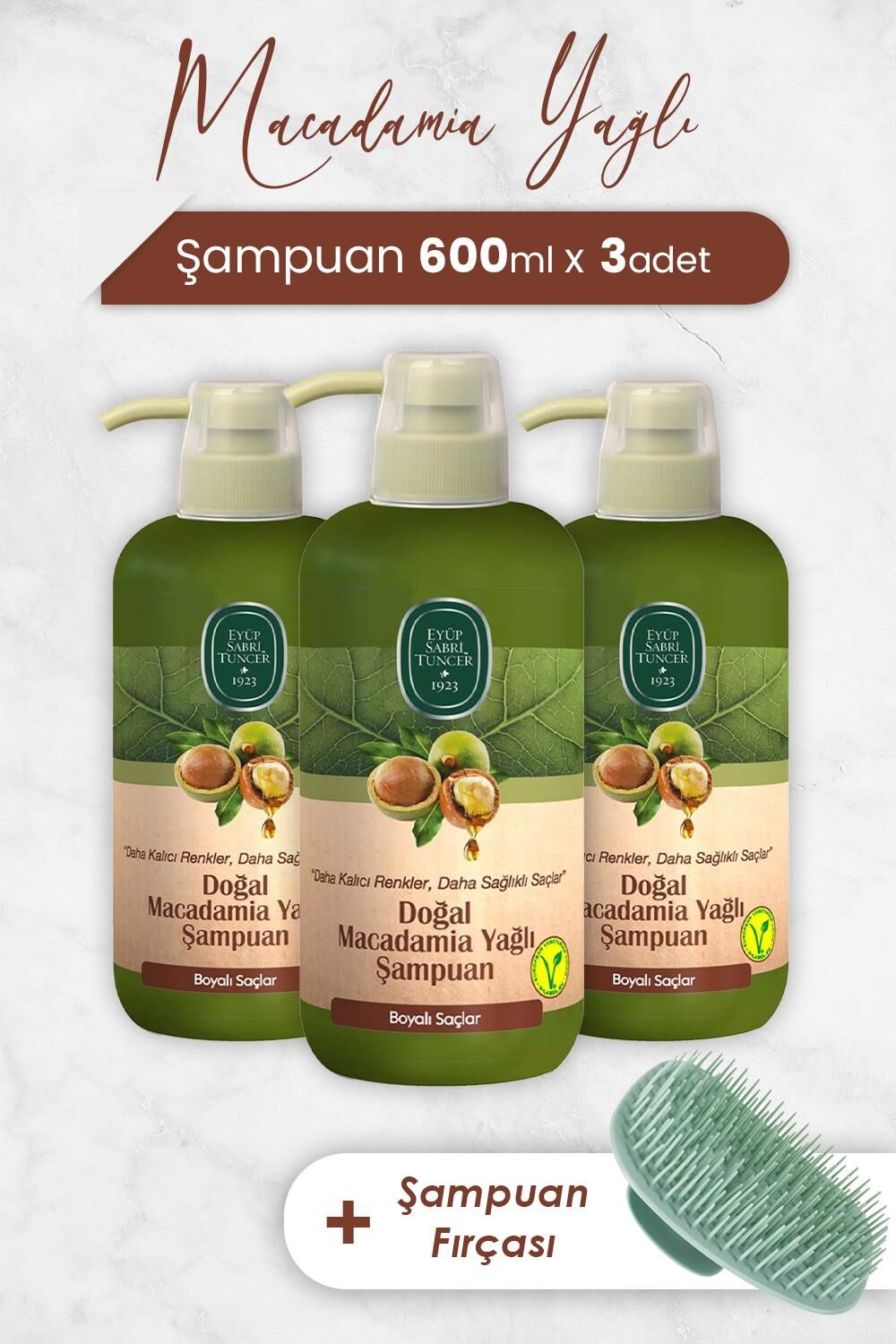 Eyüp Sabri Tuncer Macadamia Yağlı Şampuan 600 ml x 3 Adet ve Şampuan Fırçası