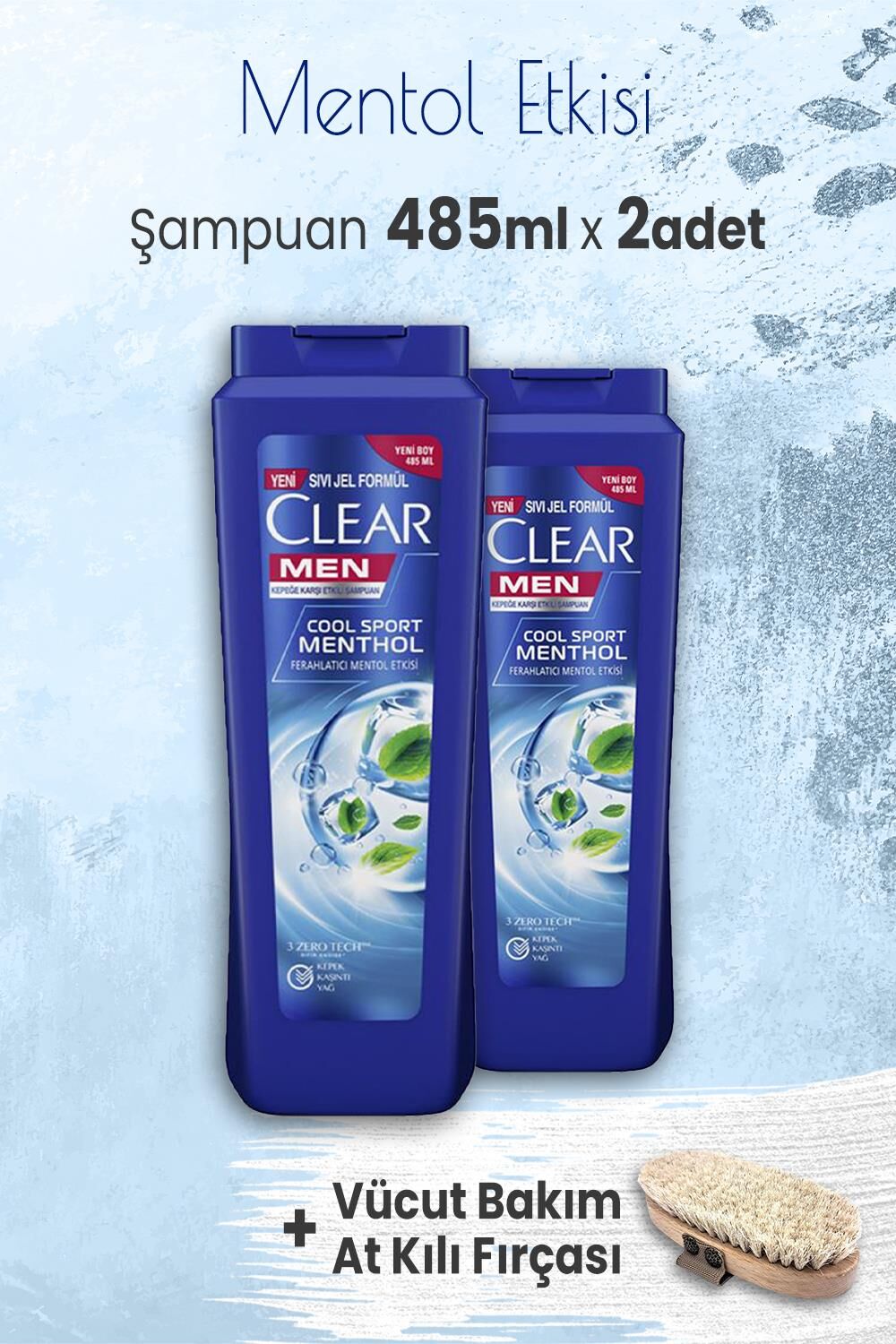 Clear Men Şampuan Mentol Etkisi 485 ml x 2 Adet ve Vücut Bakım At Kılı Fırçası