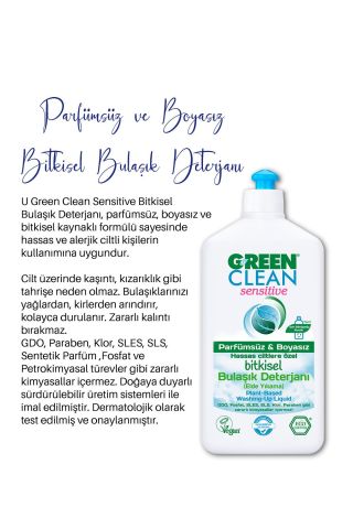 U Green Clean Sensitive Parfümsüz Kokusuz Bitkisel 500 ml Sıvı Bulaşık Deterjanı